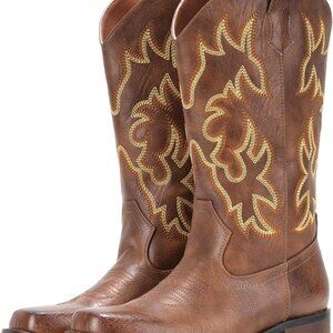 Women's Cowgirl Cowboy Boots Leather Square Toe Western Mid Calf Fashion